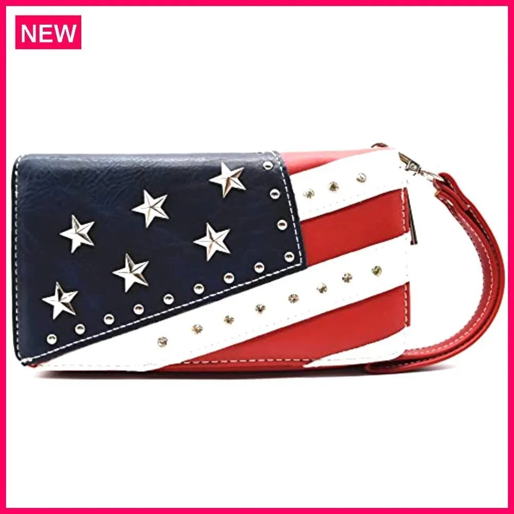 Patriotic Leather Shoulder Bag with Wallet Set, Top Handle Design